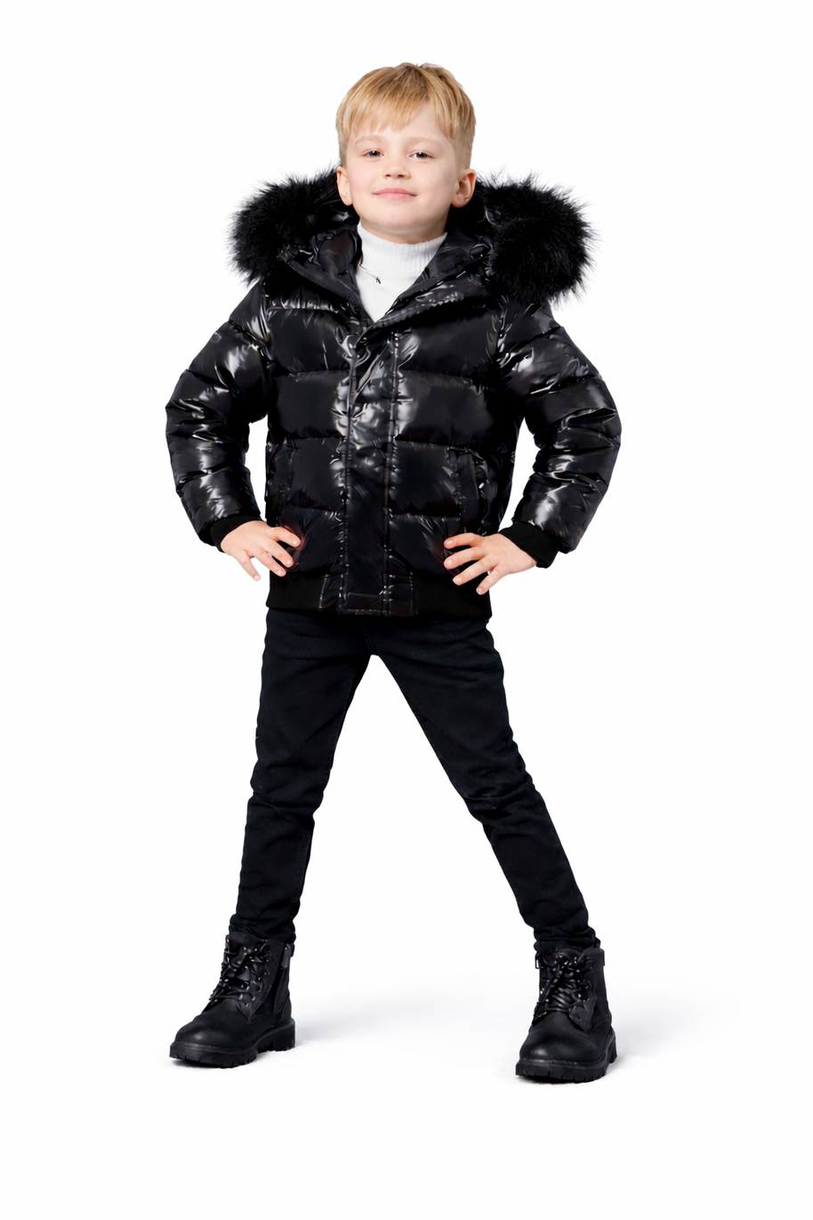 Minilli  Shiny Black Puffer Coat with Fur