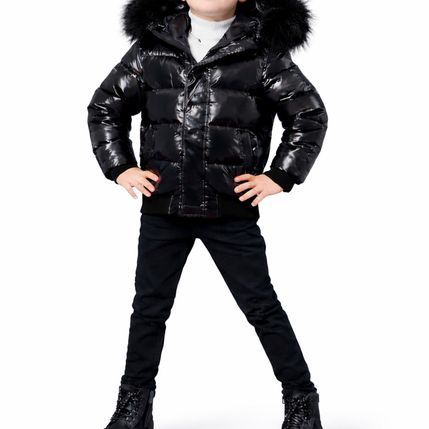 Minilli  Shiny Black Puffer Coat with Fur