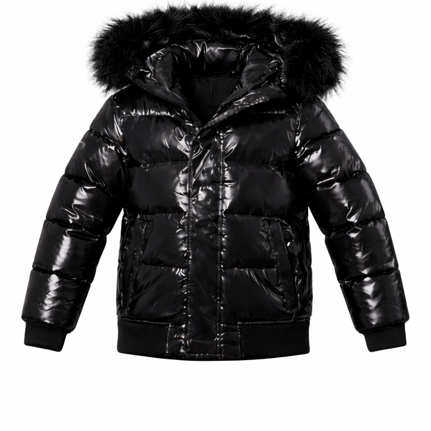 Minilli  Shiny Black Puffer Coat with Fur