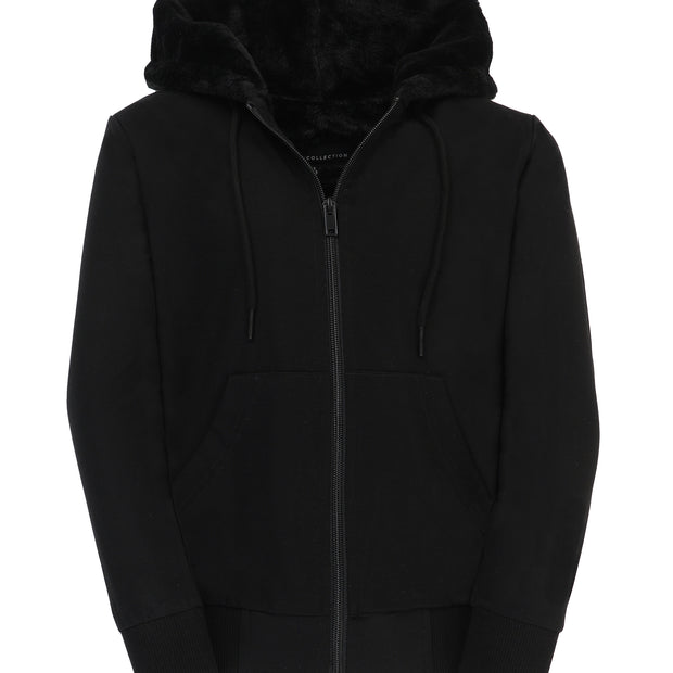 T.O. Collection Men's Black Dressy Spring Hoodie with Black Fur
