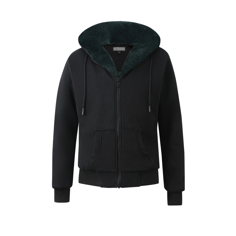 T.O. Collection Men's Black Hoodie - with Green Removeable Fur