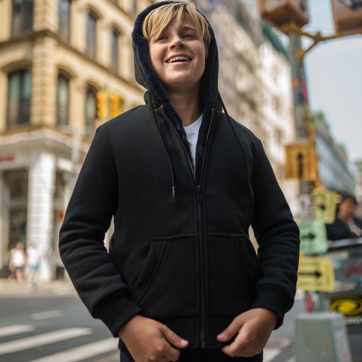 T.O. Collection Boy's Black Hoodie - with Navy Removable Fur